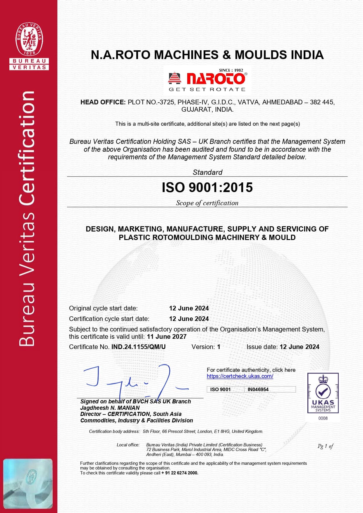 ISO 9001:2015 Certification from Bureau Veritas